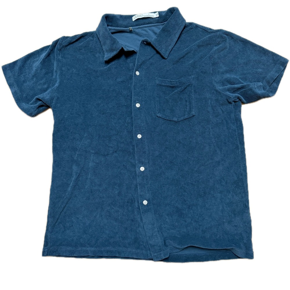 CRIQUET Teal Blue Terry Cloth Short Sleeve Button Up Shirt Large